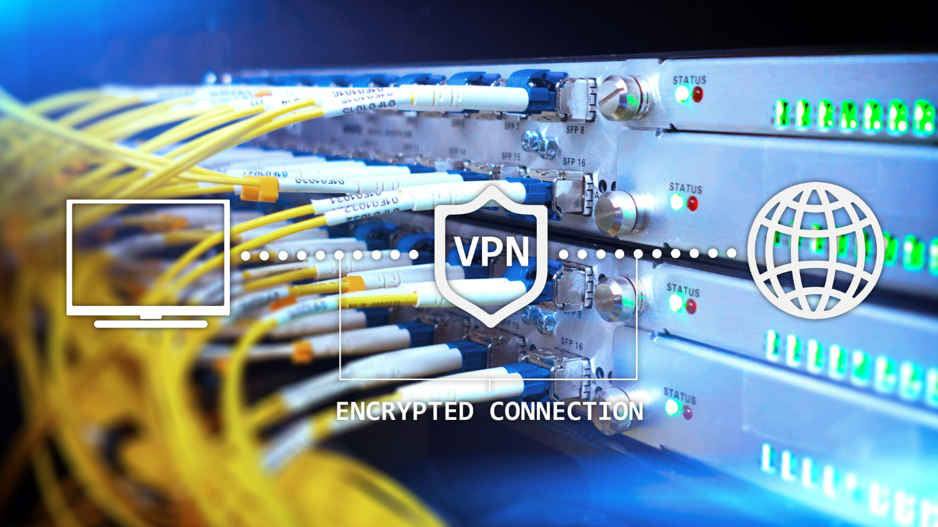 image shows a server switch under a VPN logo to illustrate security of an SSL VPN connection, the gold standard.
